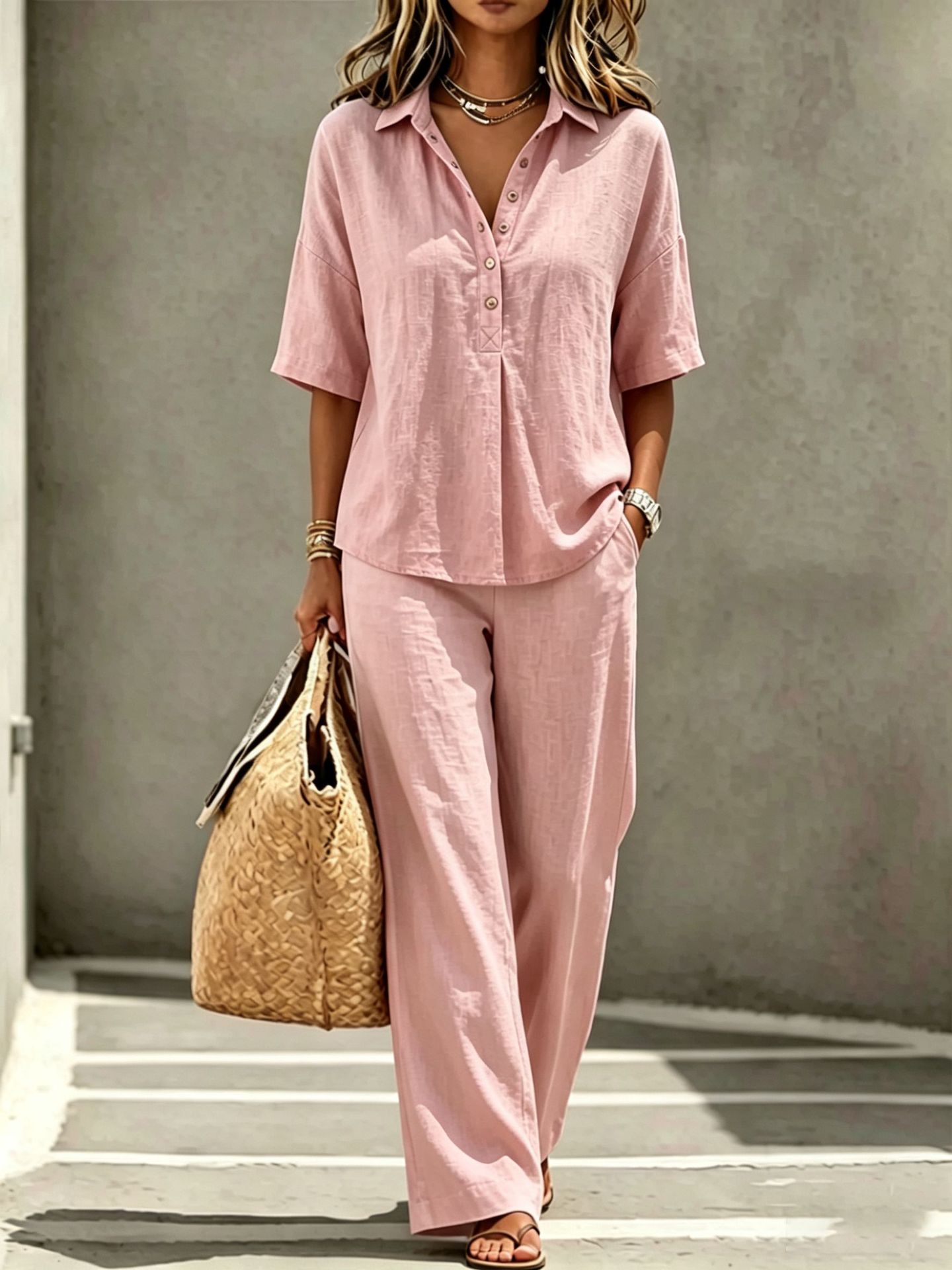 Womens Polo-Neck Button-Up Top And Wide-Leg Pants Two-Piece Set 