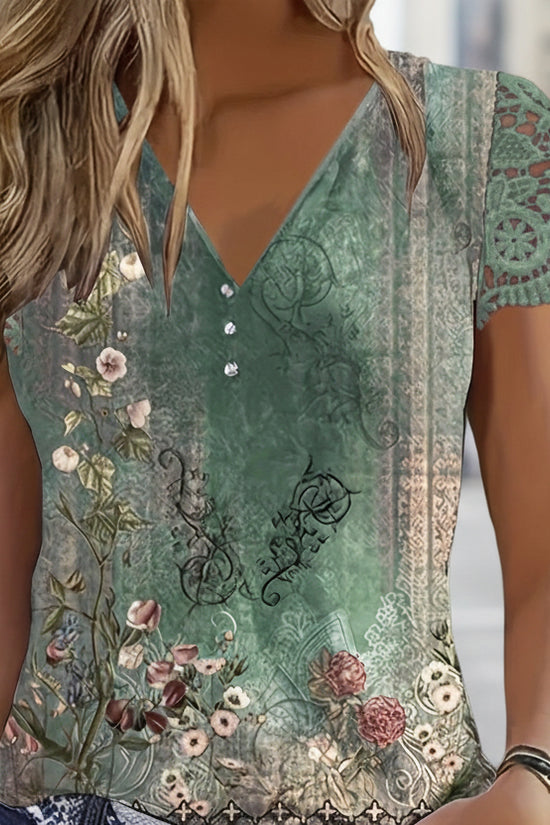 Women’s Floral Lace Sleeve Top – Elegant Short Sleeve Blouse CJ