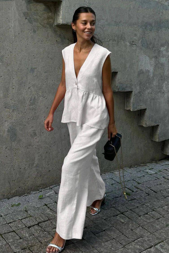 Womens Cotton V-Neck Sleeveless Vest And Wide-Leg Pants Set 