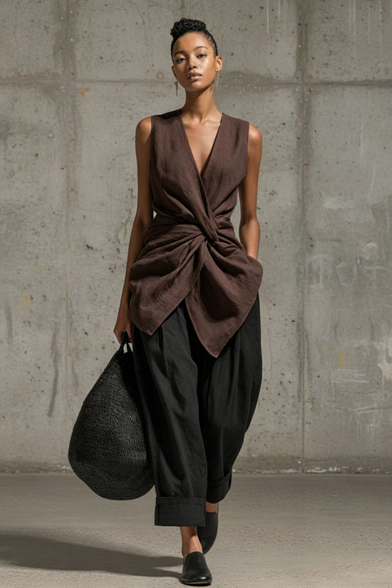 Waist-cinching Tie-front V-neck Sleeveless Top Wide-leg Pantsuit 