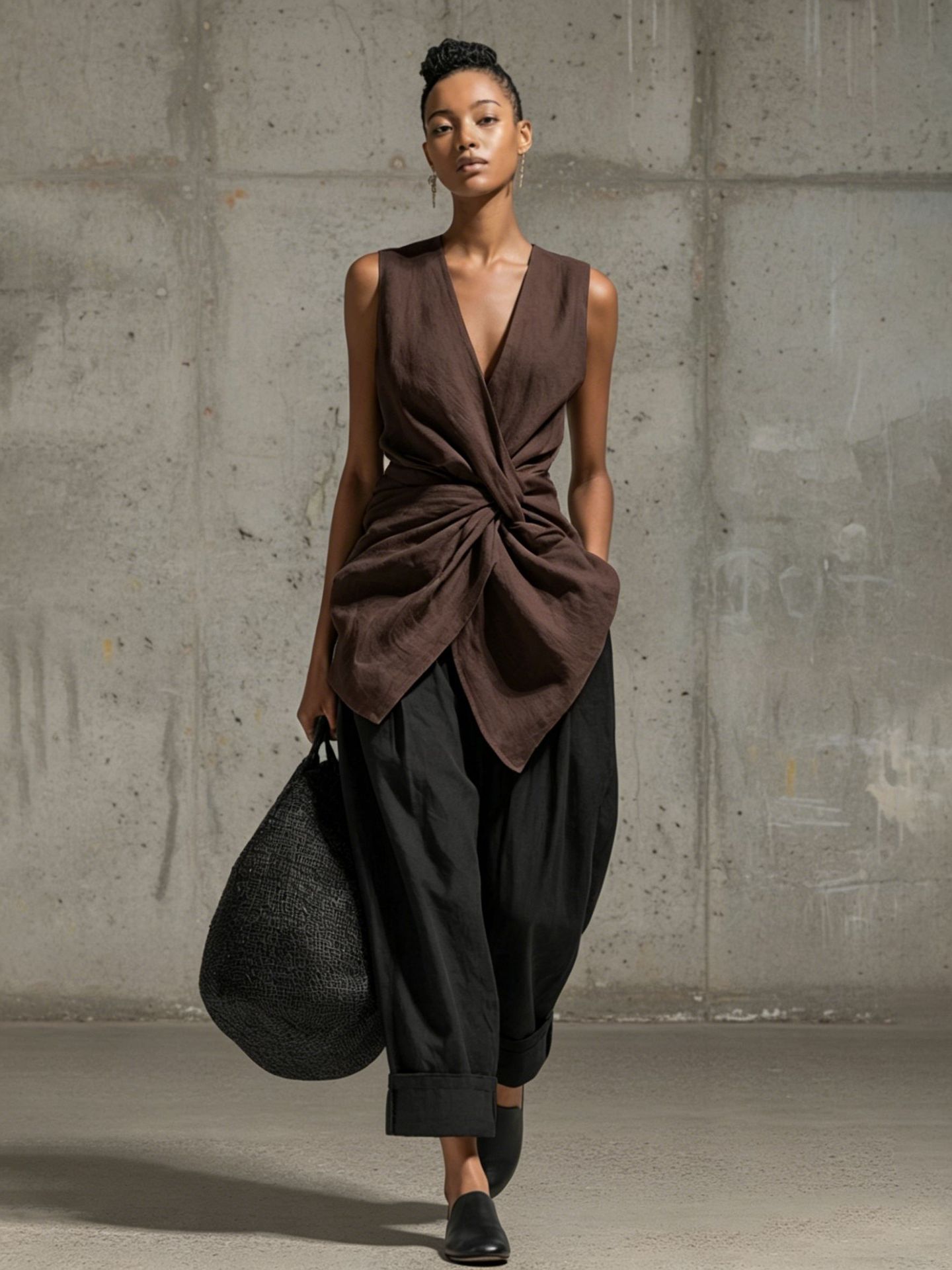 Waist-cinching Tie-front V-neck Sleeveless Top Wide-leg Pantsuit 