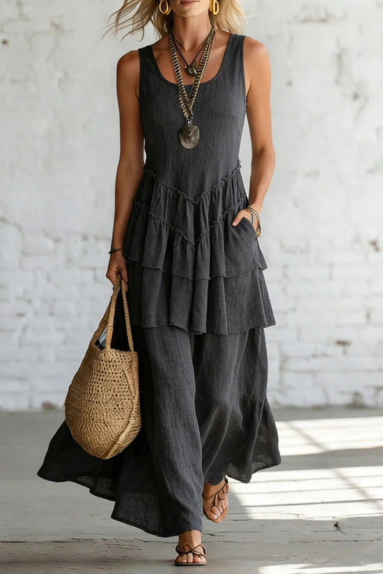 Cotton-linen Loose-fit Maxi Dress With A Sleeveless Design 