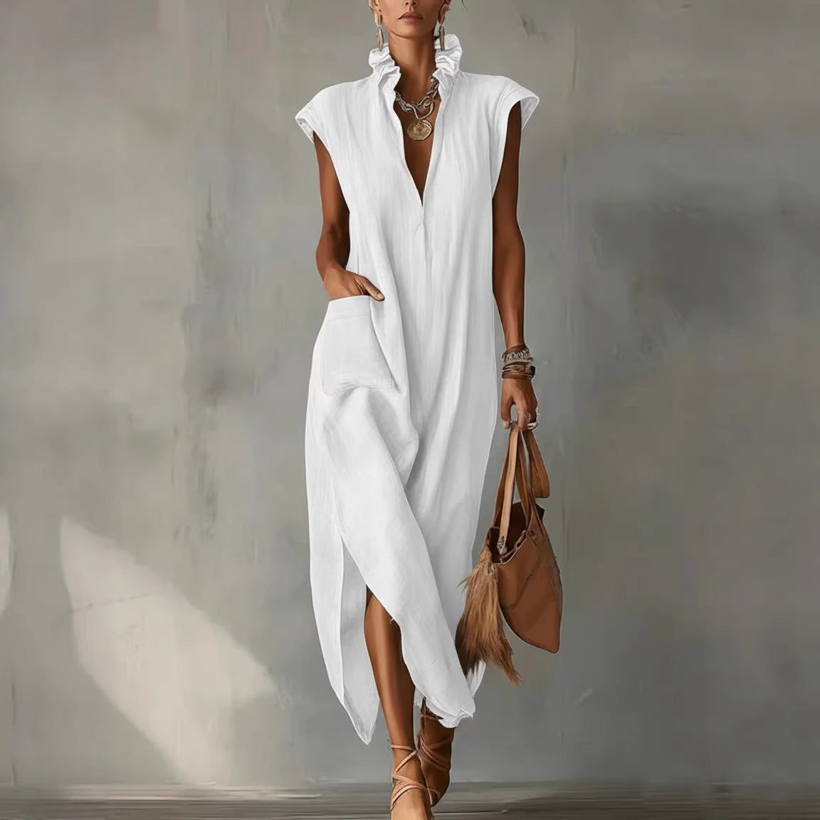 Women's Cotton-Linen Sleeveless Solid-Color Dress 