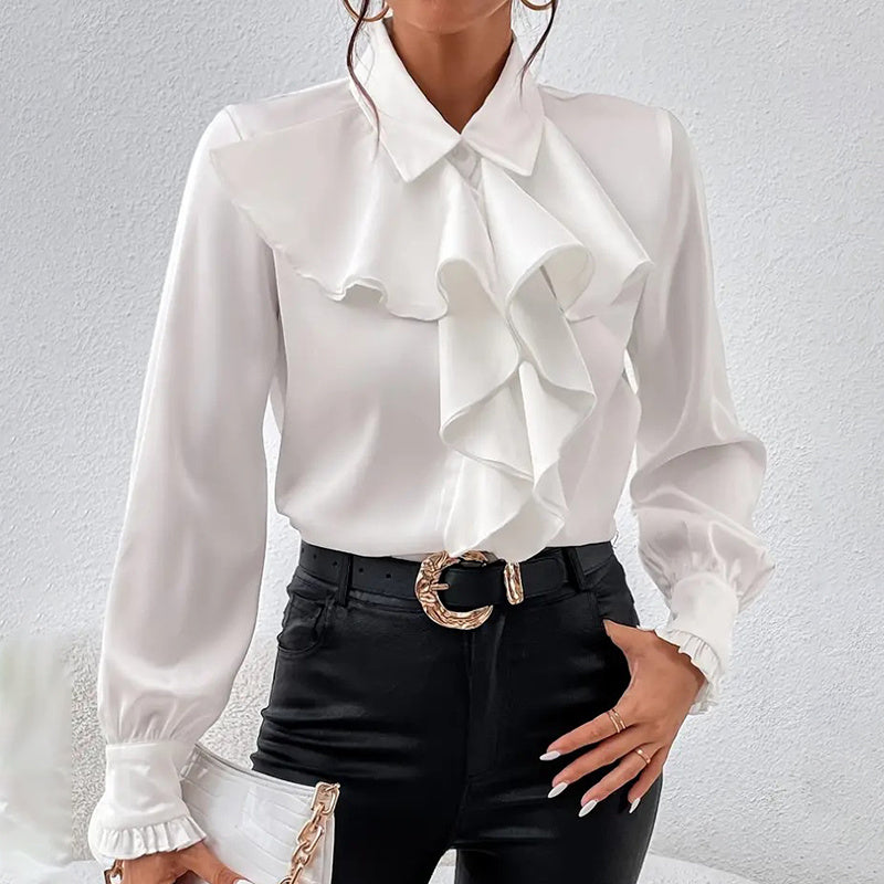 Women's Ruffled Collared Blouse, Long Sleeve Dressy Casual Shirt, Fall Business Casual Work Tops CJ US