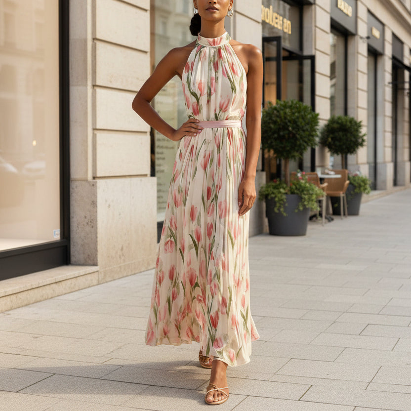 Womens Swing-Style Halterneck Printed Dress 