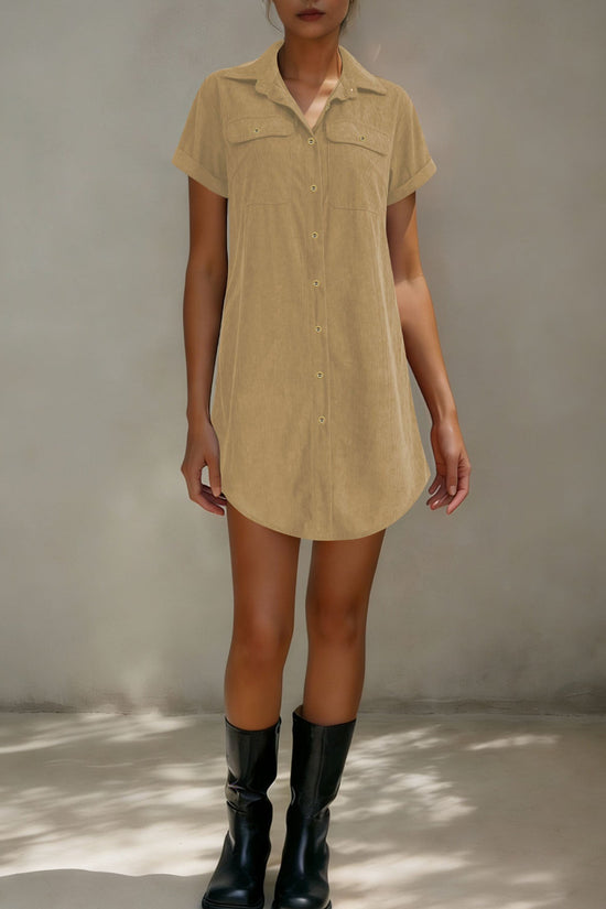 Retro Casual Corduroy Shirt Dress Loose Short-Sleeve Dress 