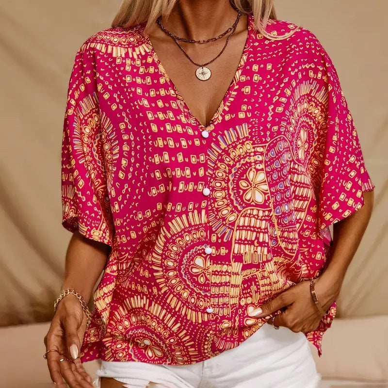 Mandala Print V-Neck Blouse – Casual Vacation Top CJ US