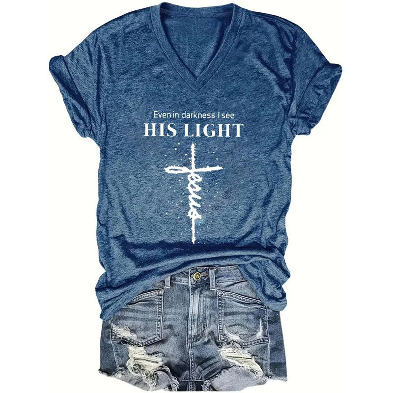 Women's V-Neck T-Shirt Geometric Cross Casual Summer Short Sleeve Top CJ