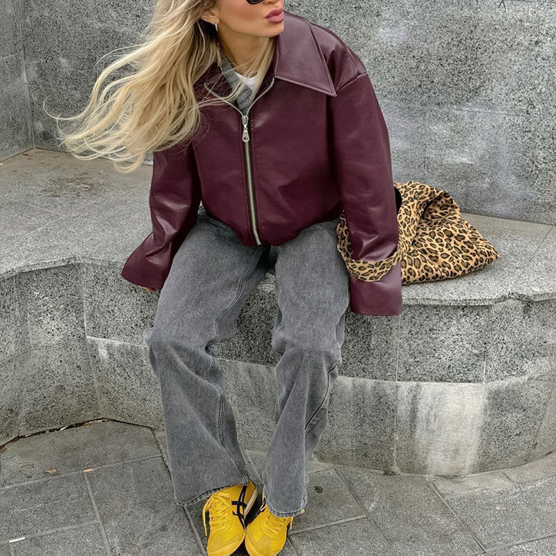 Vintage Style Women's Solid Color Faux Leather Jacket, Zip-Up Biker Jacket With Lapel Collar Casual Coat CJ US