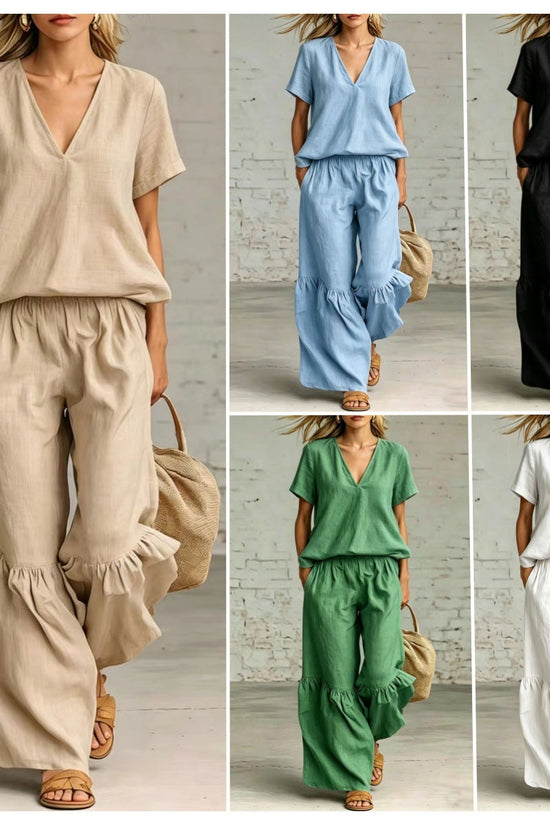 Womens Casual Solid Color V-Neck Loose Short-Sleeve Pants Set 
