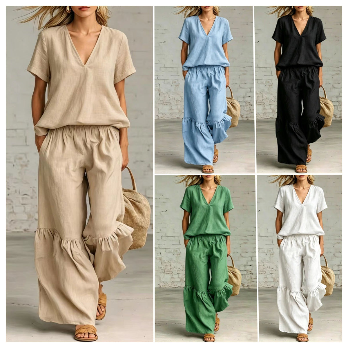 Womens Casual Solid Color V-Neck Loose Short-Sleeve Pants Set 