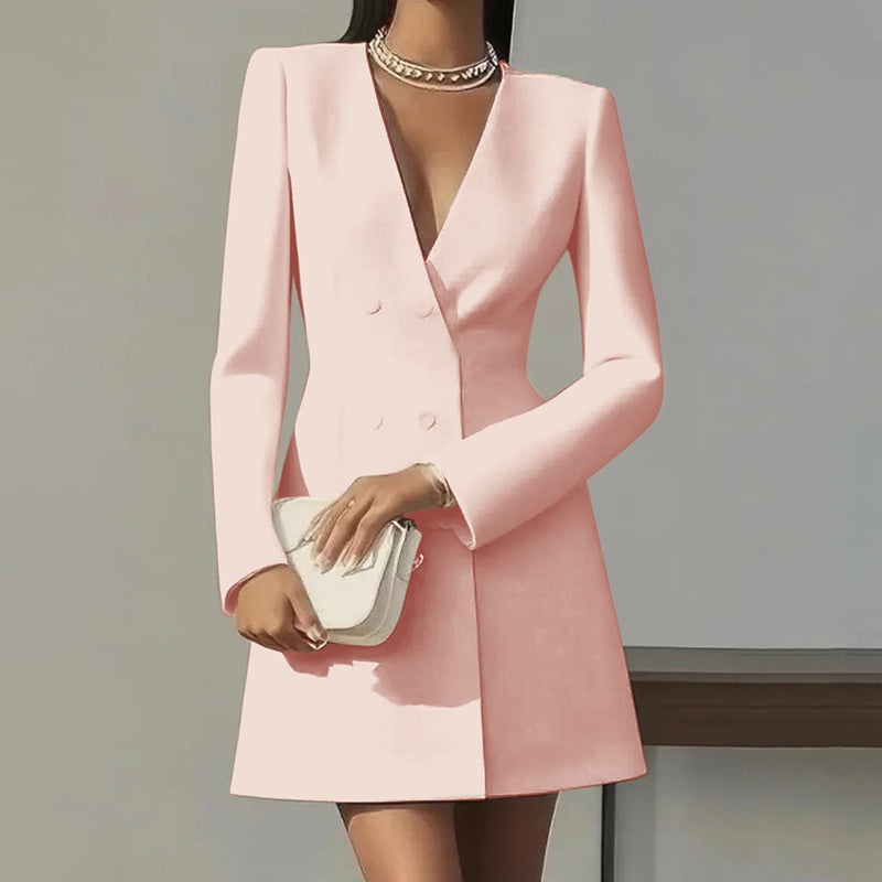 Women's Solid Color Deep V-Neck Dress Button Front A-Line Midi Dress For Formal Occasions CJ US