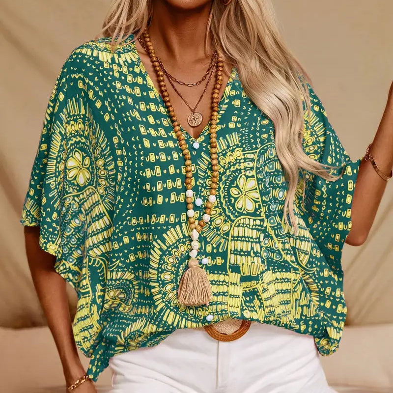 Mandala Print V-Neck Blouse – Casual Vacation Top CJ US