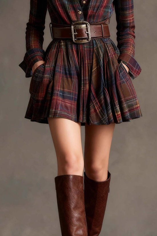 European And American Elegant Plaid Long Sleeve Short Dress Belt 