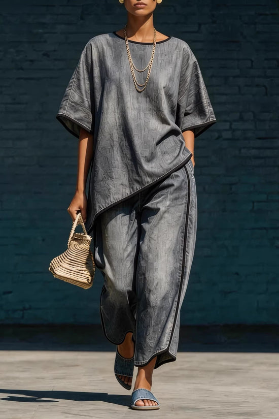 Elegant Casual Denim-Style Loose Wide-Leg Pants Two-Piece Set 