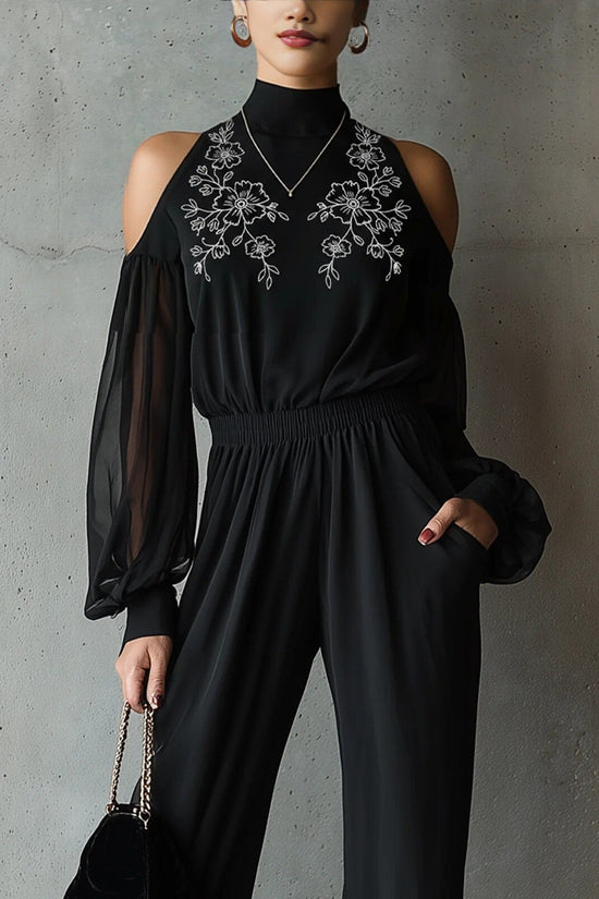 Black Embroidered Womens Long-Sleeve Wide-Leg Jumpsuit 