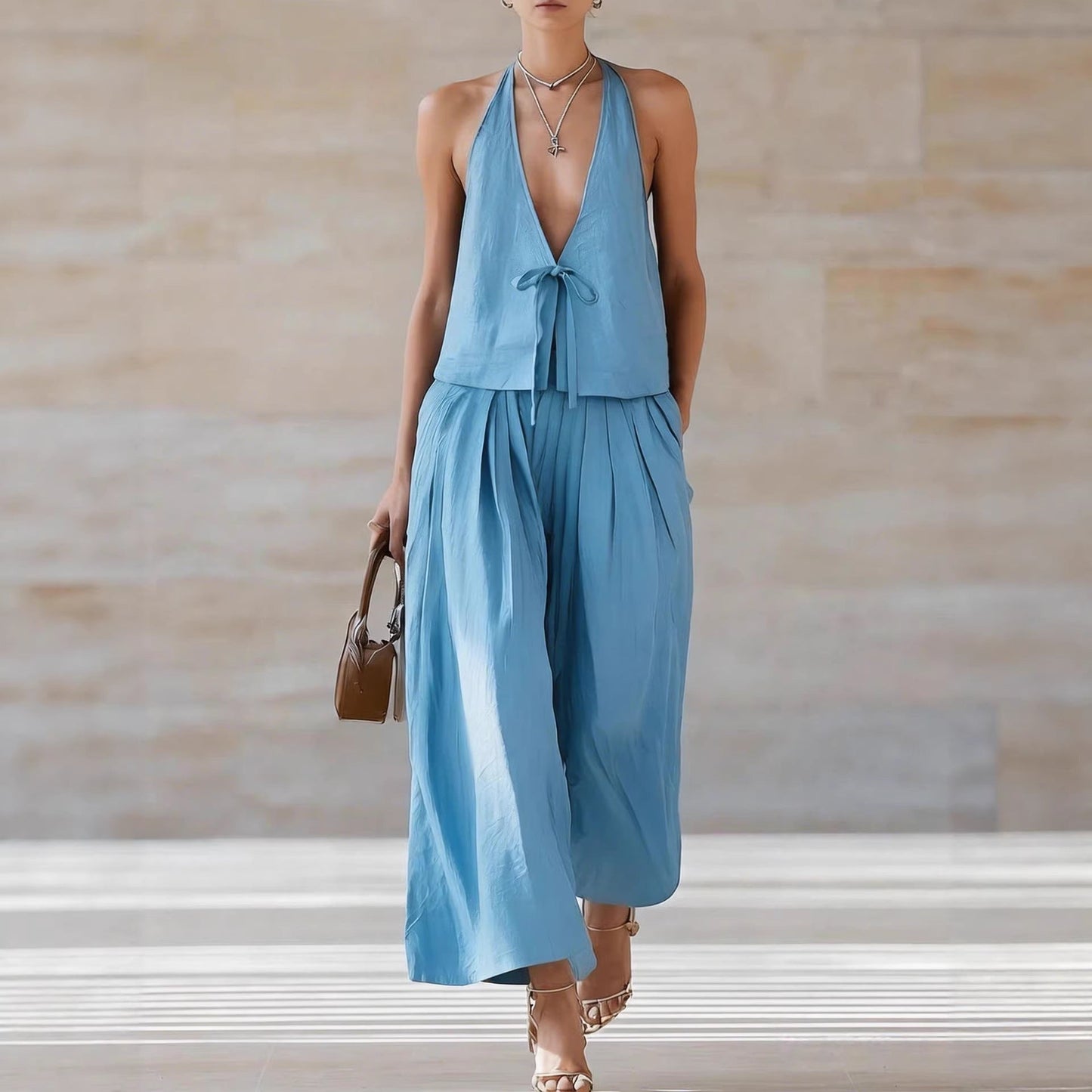 Fashionable Casual Sleeveless Vest And Loose Wide-Leg Pants Womens Set 
