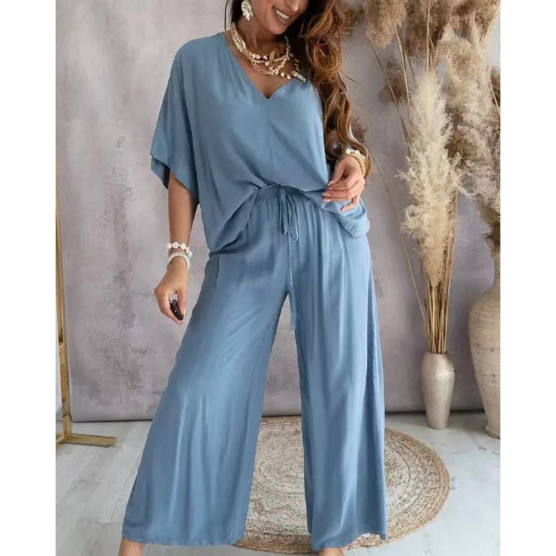 Women's 2 Piece Outfit, Casual Solid Color V-Neck Half Sleeve Top And Wide Leg Pants Lounge Set CJ