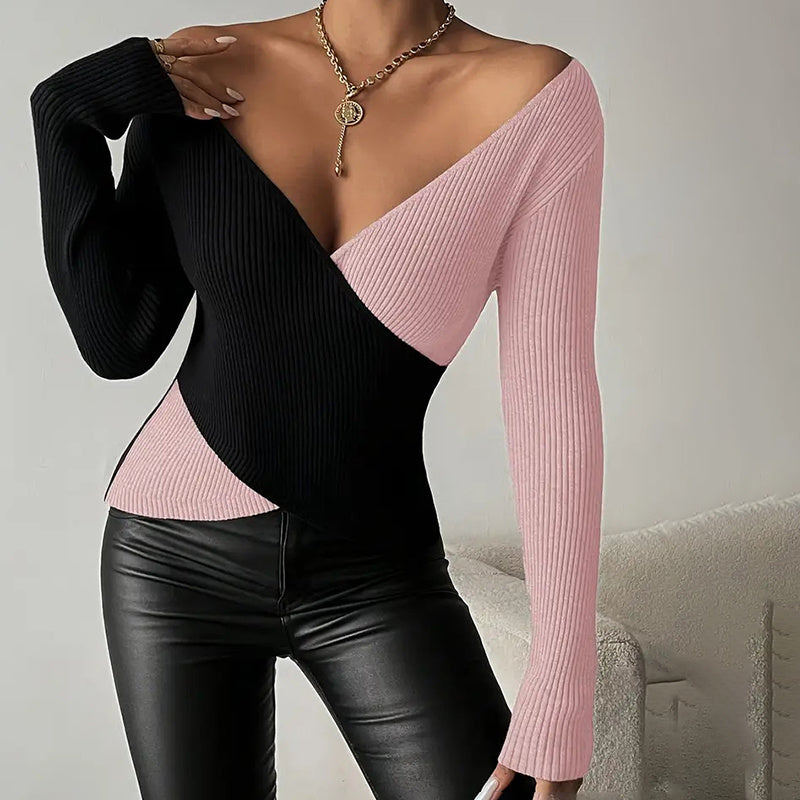Women's Elegant V-Neck Cross Front Sweater, Color Block Knit Top For Spring And Fall Layering CJ US