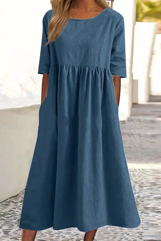 Plus Size Loose Cotton Linen Dress, Round Neck  Sleeve Midi Dress With Pockets 