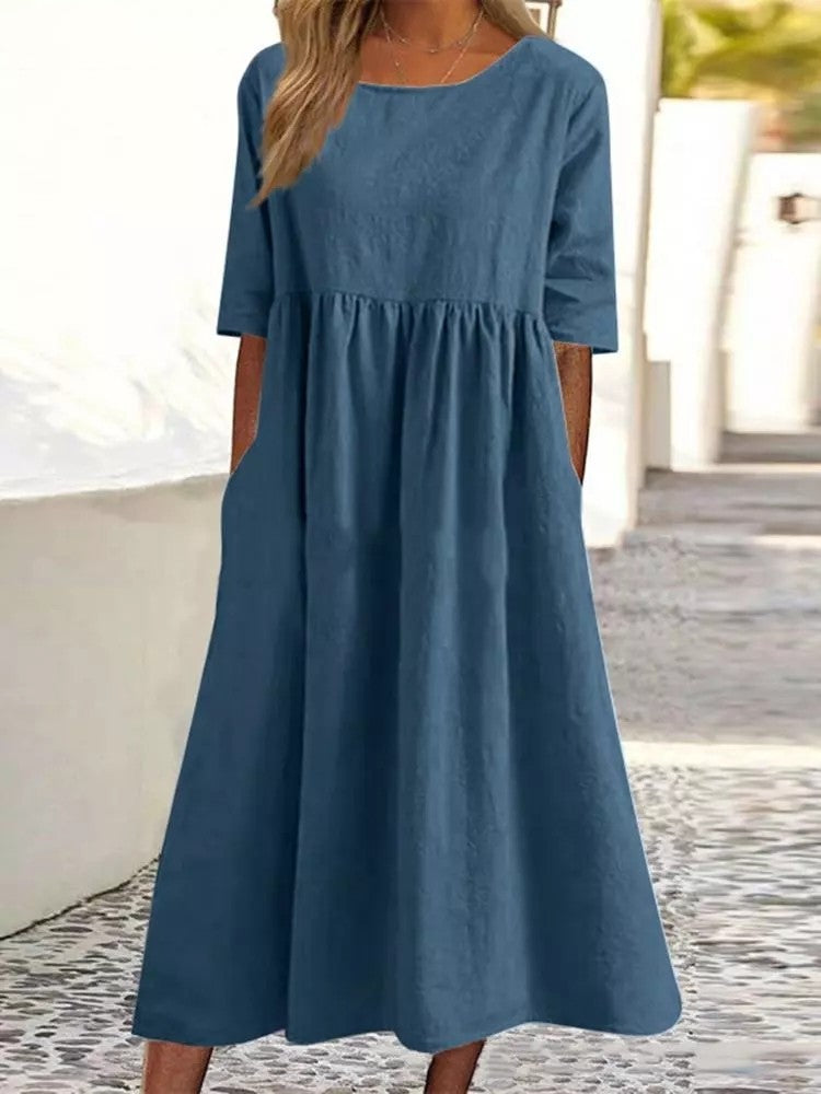 Plus Size Loose Cotton Linen Dress, Round Neck  Sleeve Midi Dress With Pockets 