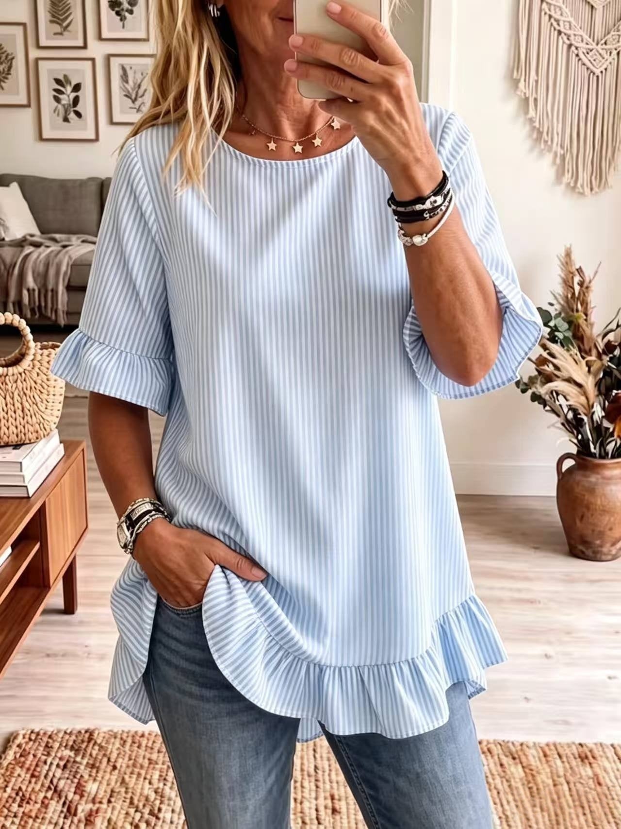 Womens Striped Loose-fit Casual Ruffled-edge Blouse 