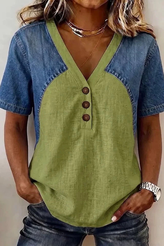 Fashionable Trendy Womens Loose Denim Patchwork T-Shirt 