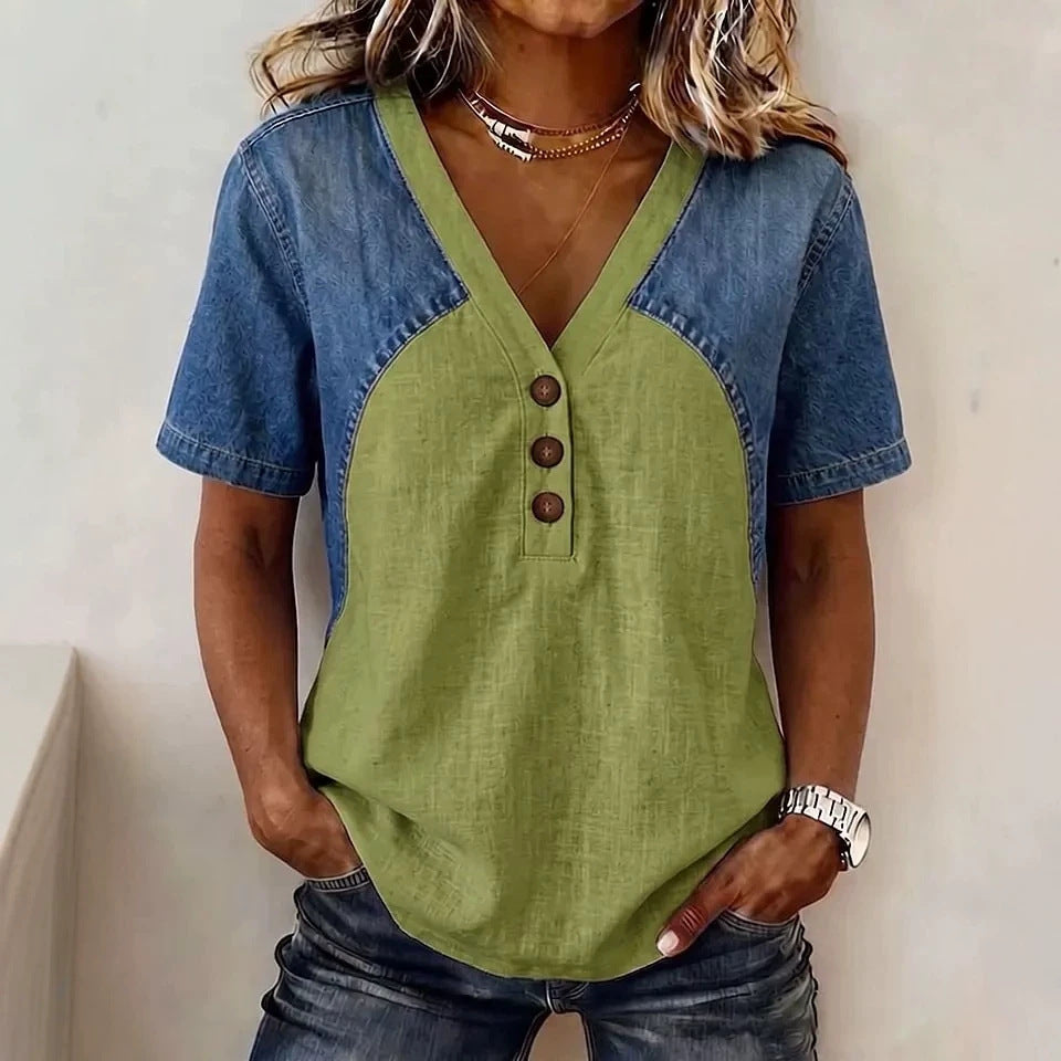 Fashionable Trendy Womens Loose Denim Patchwork T-Shirt 