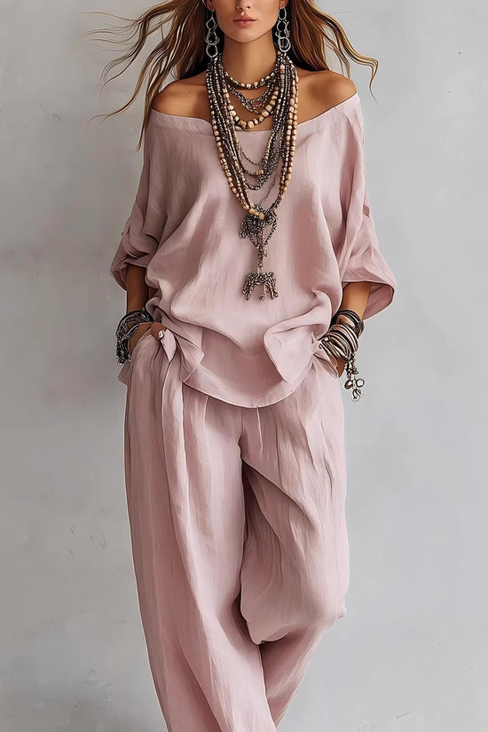 Off-Shoulder Cotton-Linen Wide-Leg Pants Set – 6 Colors, S–5XL 
