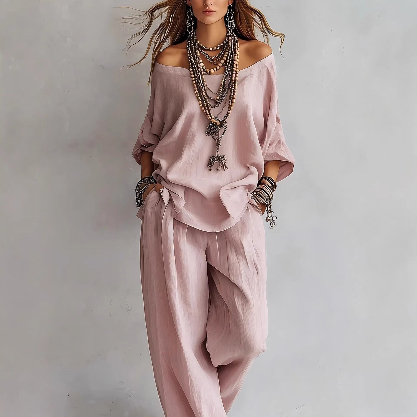 Off-Shoulder Cotton-Linen Wide-Leg Pants Set – 6 Colors, S–5XL 