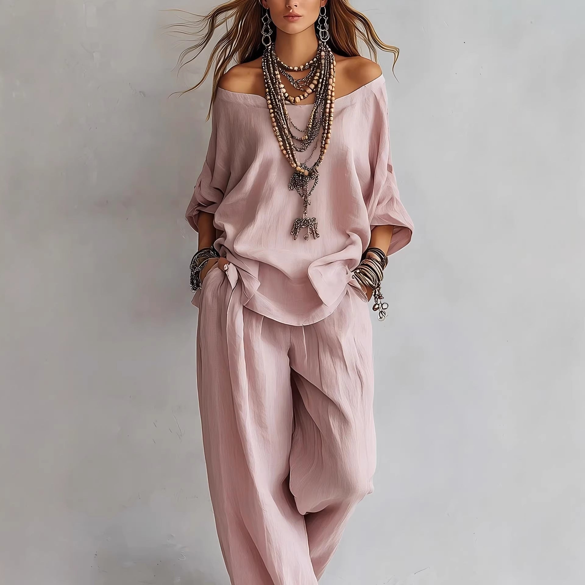 Off-Shoulder Cotton-Linen Wide-Leg Pants Set – 6 Colors, S–5XL 