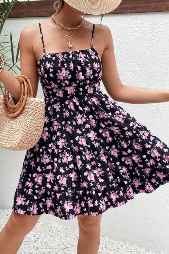Floral Print Smocked Mini Dress Spaghetti Strap Slim Fit Flowy Dresses 