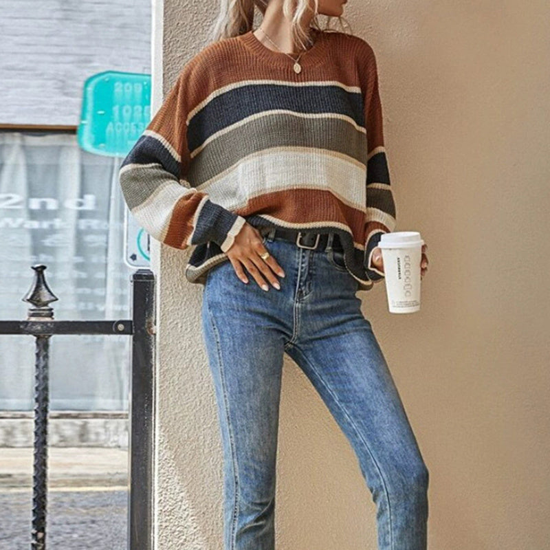 Women's 2025 Striped Color Block Sweater, Cute Crewneck Pullover Top, Fall Winter Fashion Knitwear CJ US