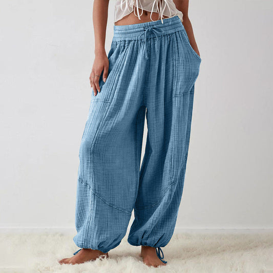 Women's Solid-color Wide-leg Pants With Elastic Drawstring Waist Elasticized Leg Cuffs Side Pockets For Spring&Fall Fashionable Simple Wear CJ US