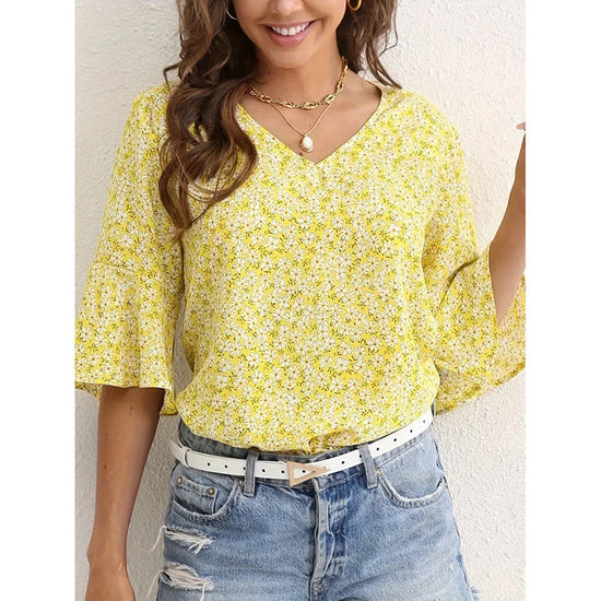 Womens Summer Floral Print Blouses V-Neck Flare Sleeve Tops CJ US