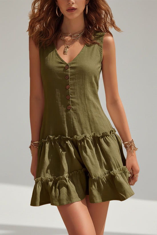 Sleeveless Linen Fashionable Casual Button-Up Dress 