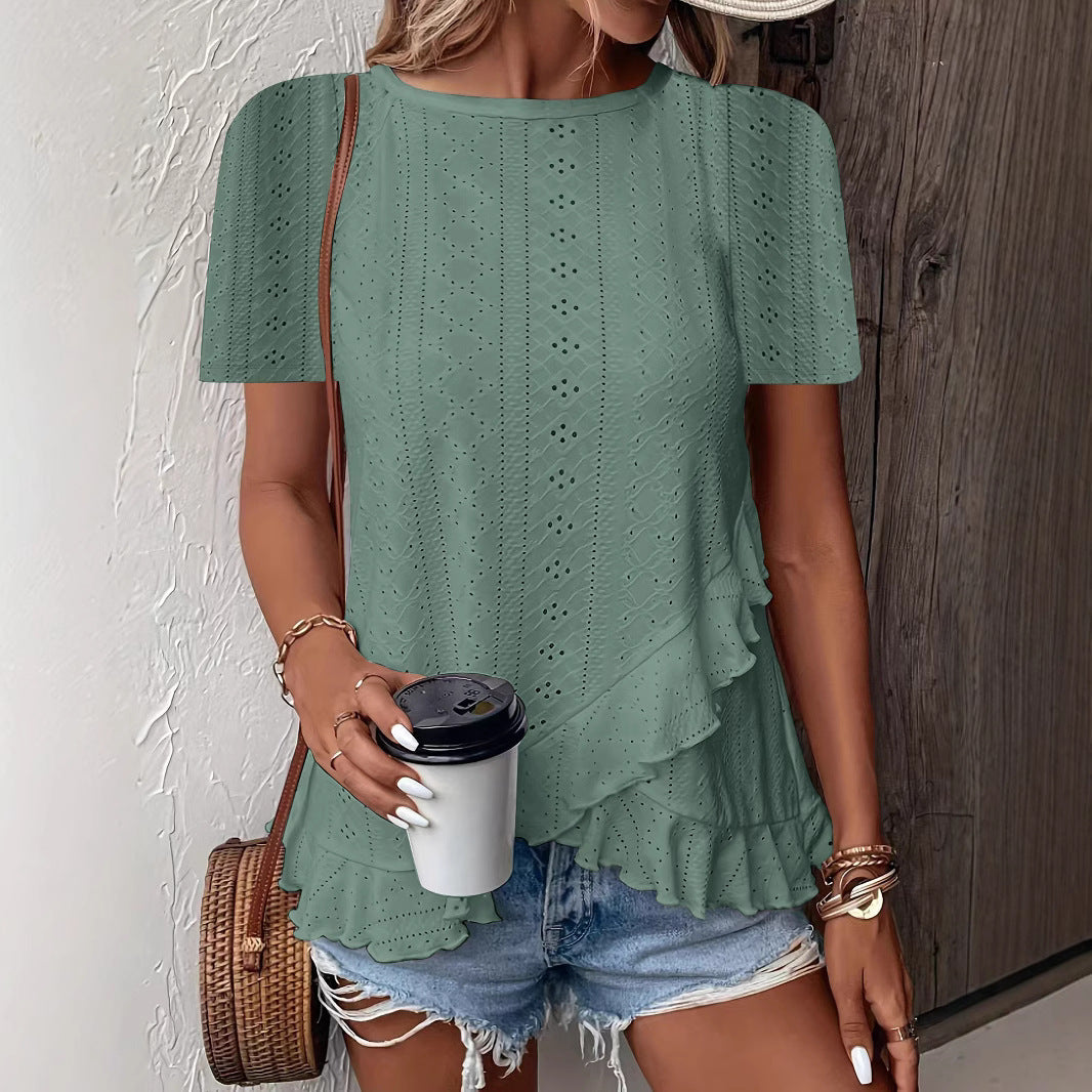 Womens Fashion Casual Solid-color Short-sleeve Crew Neck 