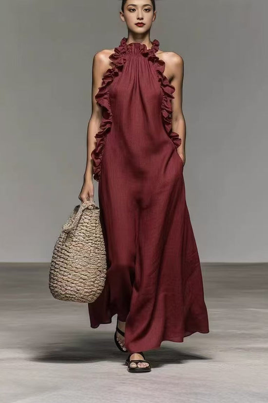 Summer Halter Neck Ruffled Sleeveless Dress, Loose Fit Flowy Dress With Pockets 