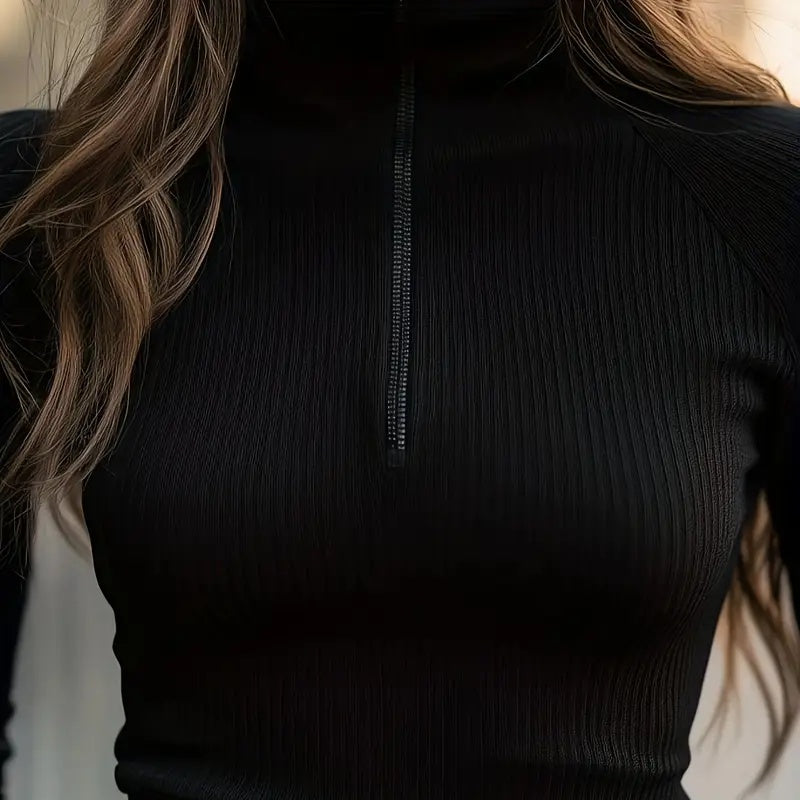 Women's Solid Color Ribbed Turtleneck Top, Half-Zip Long Sleeve Knit Shirt For Autumn 