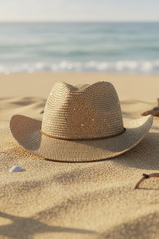 New Womens Panama Straw Weaved Sequin Windproof Sun Hat 