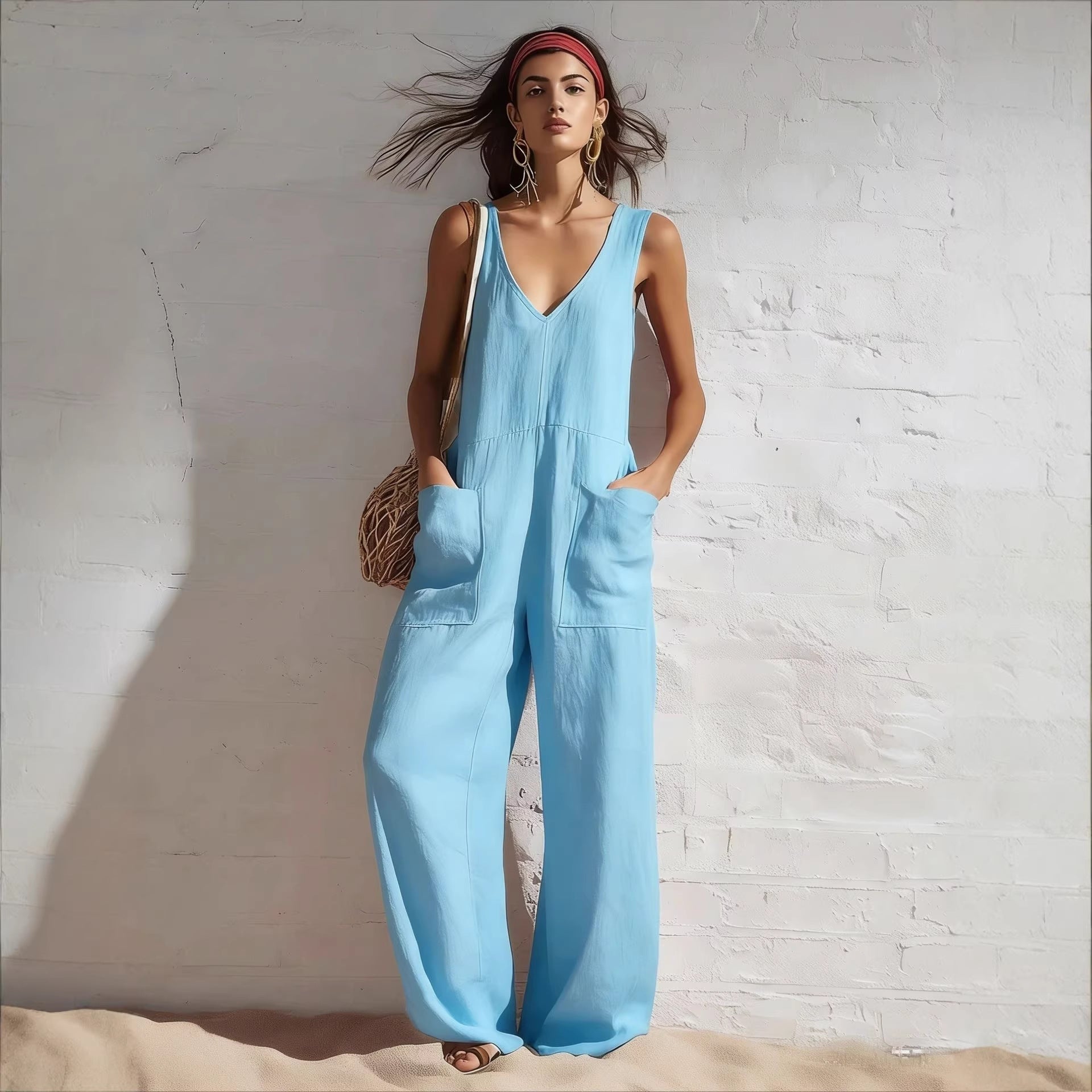Womens Sleeveless V-Neck Pocketed Casual Jumpsuit 