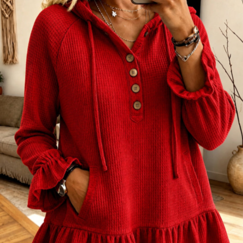 Women's Hooded Button-Neck Ruffle-Hem Mini Dress 