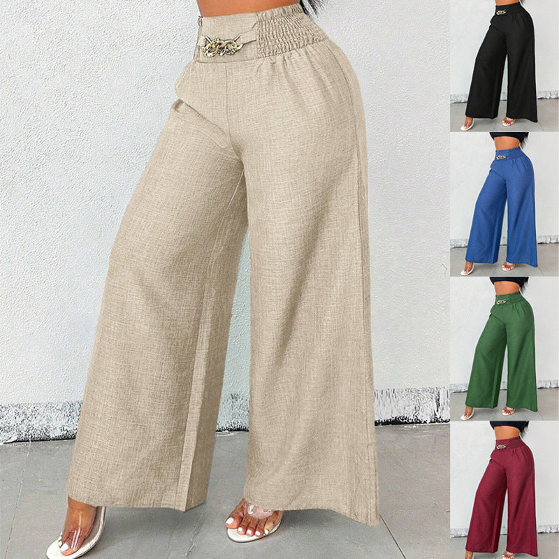 New Womens Fashionable Retro High-Waist Elastic Drapey Wide-Leg Long Pants For Women 
