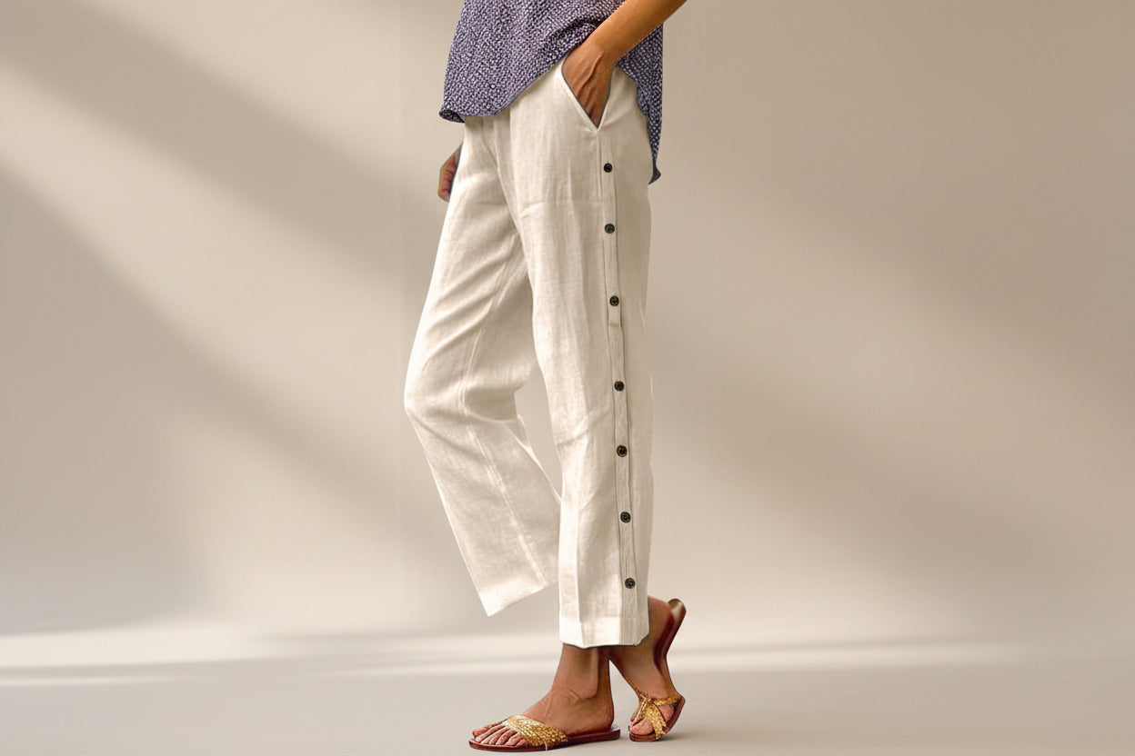 Cropped Pants With Decorative Buttons Along The Side Seams 