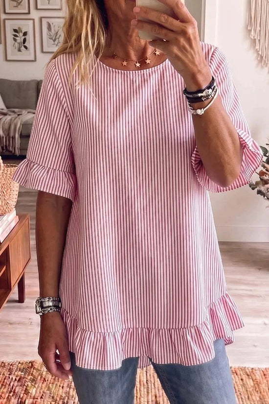 Womens Striped Loose-fit Casual Ruffled-edge Blouse 