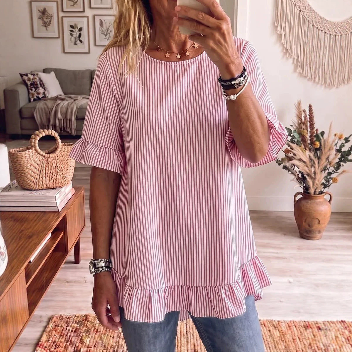 Womens Striped Loose-fit Casual Ruffled-edge Blouse 