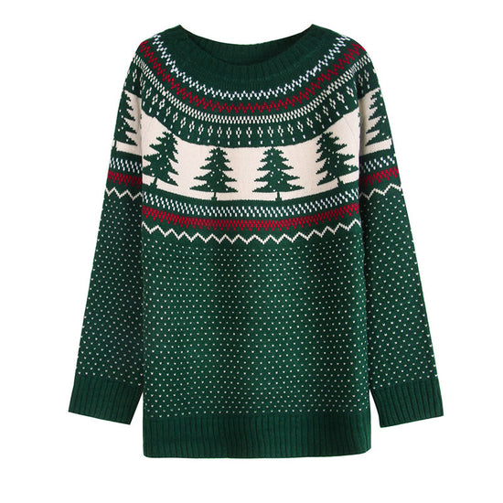 Women's Casual Pine Pattern Sweater, Loose Fit Round Neck Long Sleeve Knit Top For Holiday Parties 