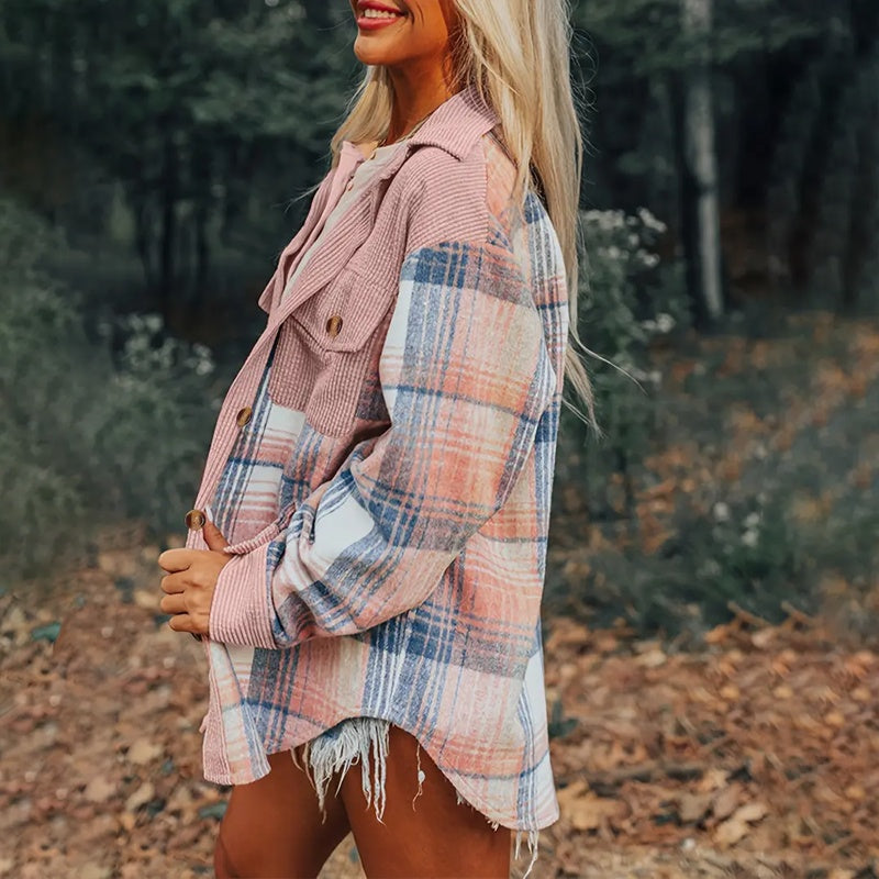 Women's Notch Lapel Check Print Long Sleeve Shirt - Button Front Pocket Detail Casual Blouse CJ US