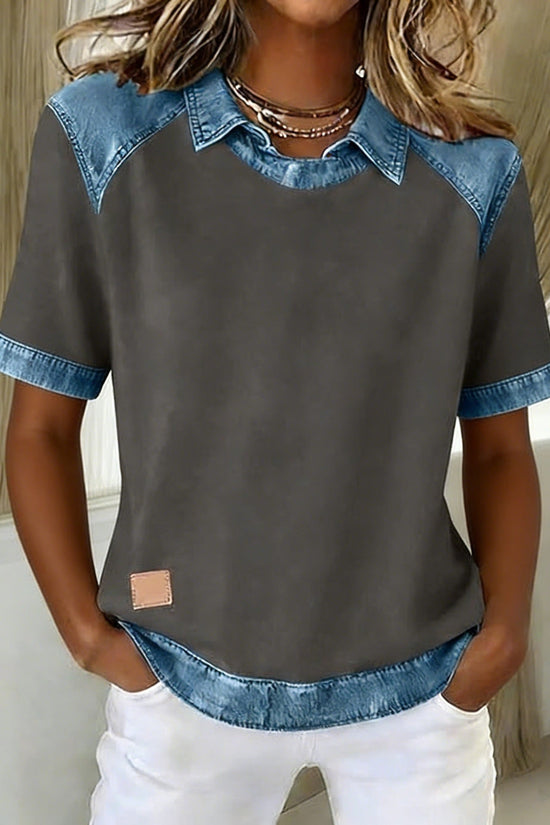 Patchwork Knitted Shirt Short-Sleeve Lapel Button-Up Shirt For Women 