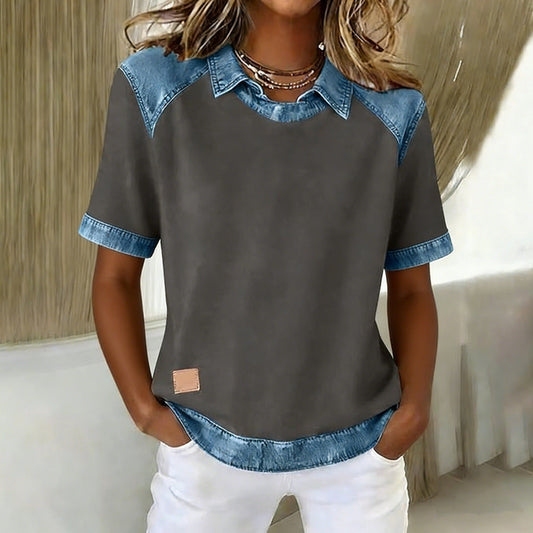 Patchwork Knitted Shirt Short-Sleeve Lapel Button-Up Shirt For Women 